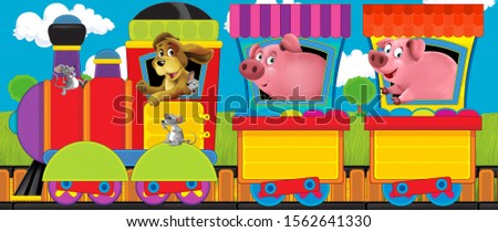 Cartoon funny looking steam train going through the meadow with farm animals - illustration for children