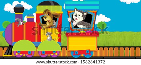 Cartoon funny looking steam train going through the meadow with farm animals - illustration for children