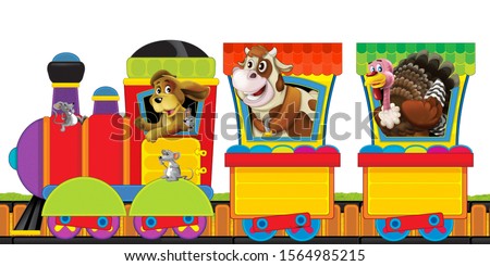 cartoon steam train on tracks with farm animals on white background space for text - illustration for children