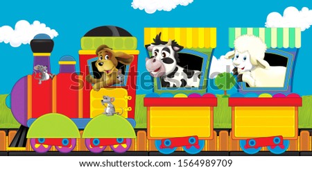 cartoon steam train on tracks with farm animals on white background space for text - illustration for children