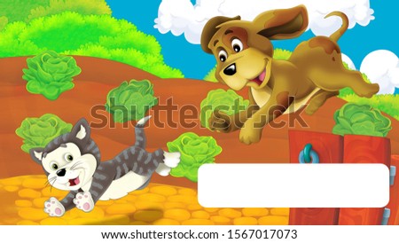 cartoon scene with dog on a farm having fun with frame for text - illustration for children