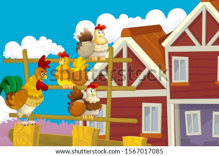 Cartoon farm happy scene with standing rooster and hen farm birds - illustration for children