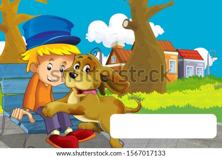 cartoon scene with dog on a farm having fun with frame for text - illustration for children