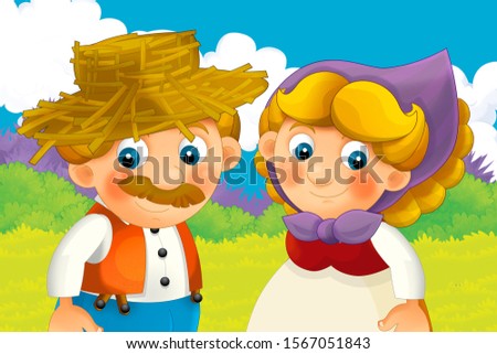 Cartoon happy farm scene - farm couple man and woman happy - illustration for children