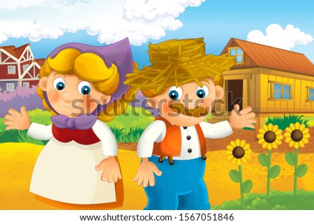 Cartoon happy farm scene - farm couple man and woman happy - illustration for children