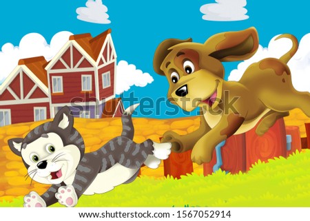 cartoon scene with cat having fun on the farm - illustration for children
