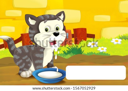 cartoon scene with cat having fun on the farm with frame for text - illustration for children