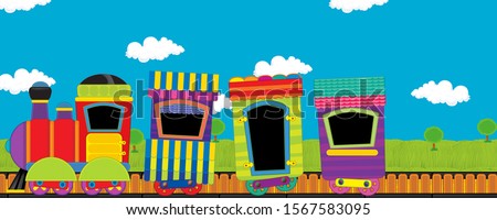 cartoon funny looking steam train going through the meadow with nobody on the stage - illustration for children