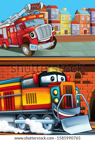 Cartoon funny looking train on the train station near the city and fireman truck car driving - illustration for children
