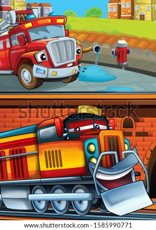 Cartoon funny looking train on the train station near the city and fireman truck car driving - illustration for children