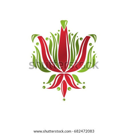 Heraldic coat of arms decorative emblem with lily flower, eco product quality. Isolated vector illustration.