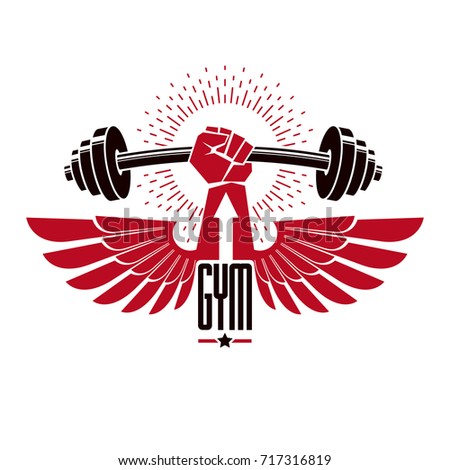 Bodybuilding weightlifting gym logotype sport club, retro stylized vector emblem or badge with wings. With barbell and strong hand fist.