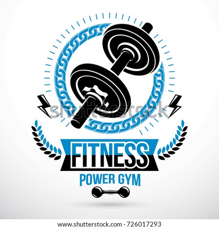 Bodybuilding weightlifting gym vector emblem sport club created using dumbbell sport equipment and lightning, symbol of strength.