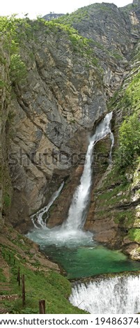 Savica waterfall near lake Bohinj in Triglav national park in Slovenia (vertical panorama)