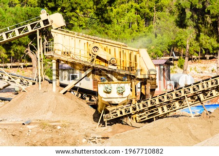 Belt conveyors at limestone quarry. Mining industry