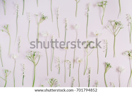 Floral pattern made of lily of the valley, green leaves, branches on pink background. Flat lay, top view. Floral pattern. Pattern of flowers. Flowers pattern texture