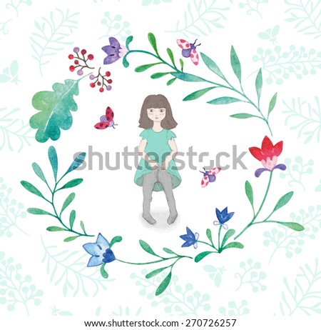 Shy little girl in a watercolor wreath