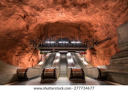 STOCKHOLM, SWEDEN - MAY 01, 2015: Interior of Radhuset metro station in Stockholm, Sweden. The station is one of the most famous in Stockholm underground and attracts thousands of tourists