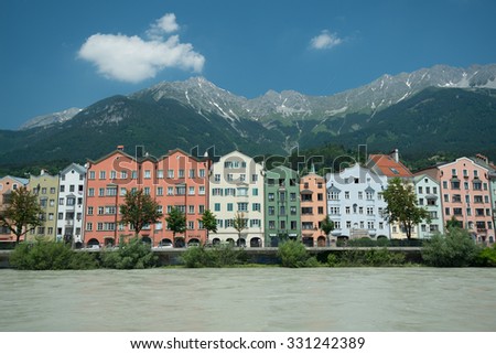 Row of houses with the Alps in the background,  Innsbruck, Austria
