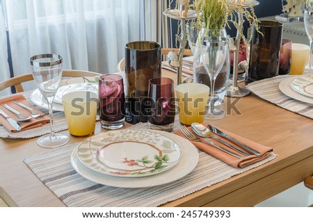dinning set on wooden table in modern dinning room at home