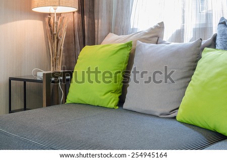 green pillows on modern sofa in living room at home