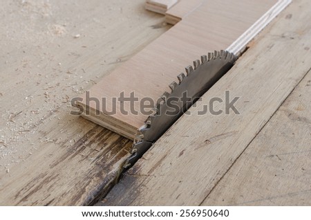 plywood on table saw for cutting at workshop