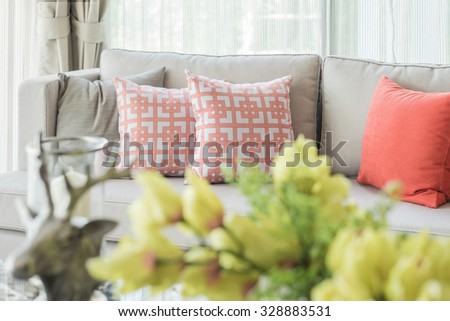 pillows on modern sofa with blur foreground effect, interior design