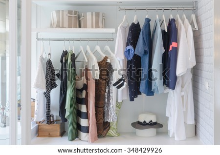 clothes hanging in closet with hat at home