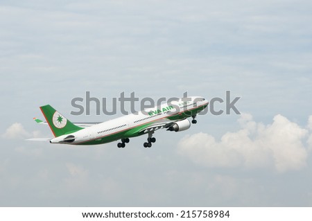 SEPANG, MALAYSIA - AUGT 4: Airbus A330 registered with number B-16312 owned by EVA Airways take off from Kuala Lumpur International Air Port, Sepang, Malaysia on August 4, 2014.