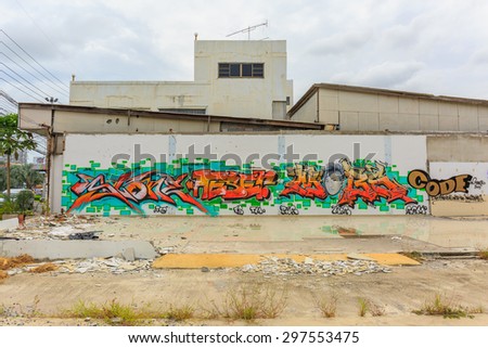 PATTAYA, THAILAND - JULY 18 : Dirty wall with wall painting\
on old building beside the street in Pattaya City ,Thailand on July 18, 2015.