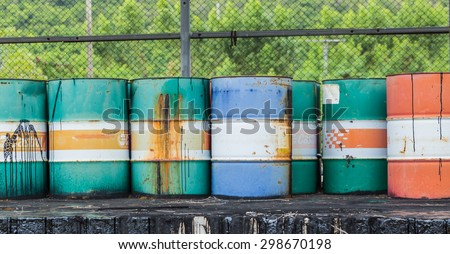 PATTAYA,THAILAND - JULY 15, 2015: The rusty oil barrel set in dirty floor in store of factory in Pattaya , Thailand on July 15, 2015