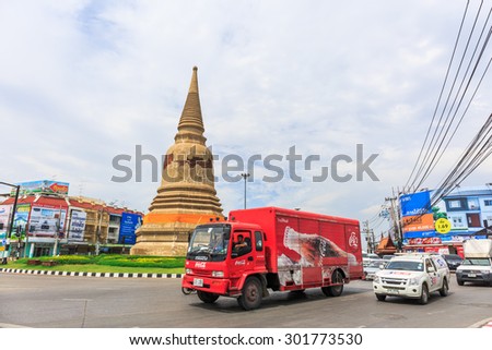 AYUTTHAYA, THAILAND - JULY 29: The truck and car in street at the city of Ayutthaya Historical Park at Ayutthaya, Thailand on July 29, 2015