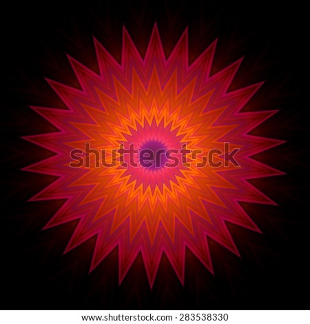 Ornamental pattern in star shape on black background. Shapes inscribed into each other. Image shows orange color which fades into purple at the edges. Contains a lot of details even at full zoom.