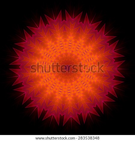 Geometric ornament. Ornamental pattern in spiked round shape on black background. Image shows orange color which fades into purple at the edges. Image contains a lot of details even at full zoom.