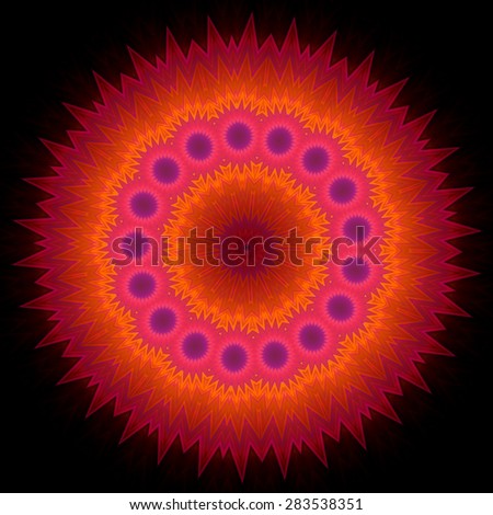 Geometric Decorative Ornament. Ornamental pattern in spiked round shape on black background. Image shows orange, magenta and purple colors. Image contains a lot of details even at full zoom.