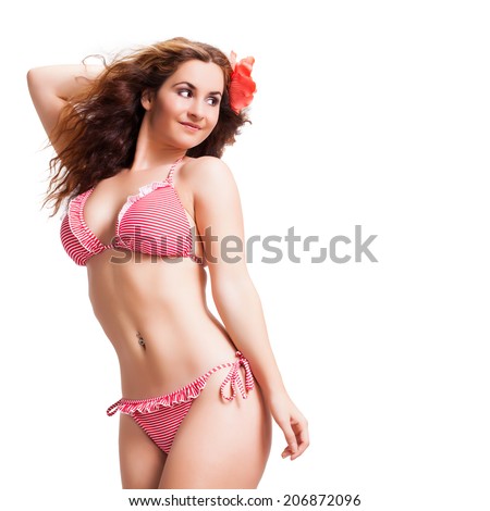 attractive brunette girl in bikini on isolated background