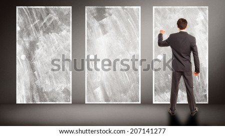 businessman knocking on a door, symbolizing that he made a decision out of three options