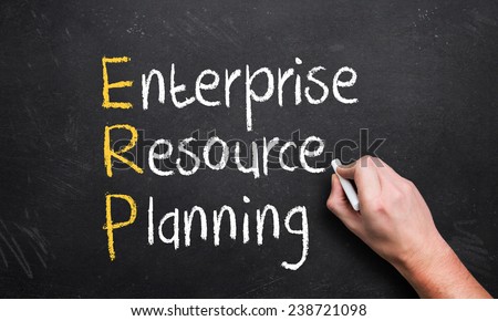 hand writing enterprise resource planning on a chalk board with the first letters in a different color
