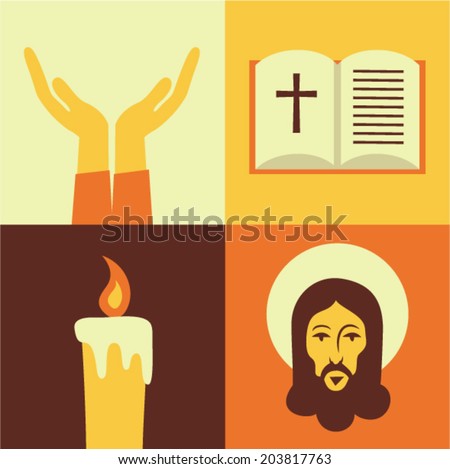 Vector illustration icon set of Jesus: Prayer, Bible, Candle, God