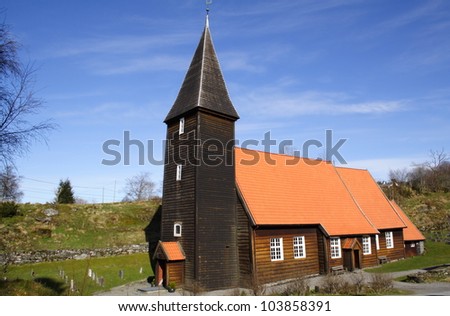 Side view of Hamre church, Norway. This church is one of the few remaining wooden churches in Norway and dates back to the 1620s.