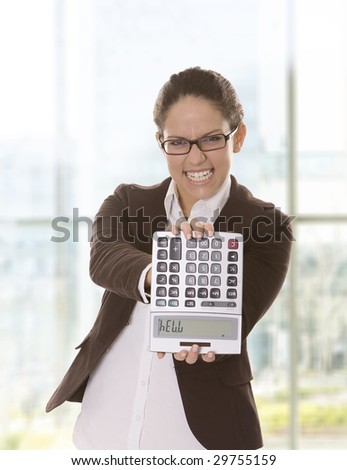 stressed business woman showing a calculator - hell