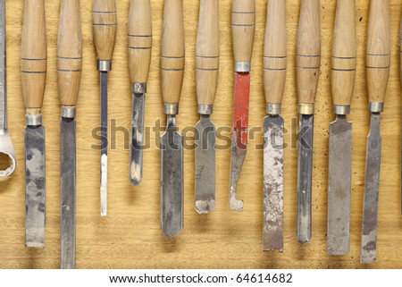 Vintage Wood-turning tools used with turning wood on a lathe.