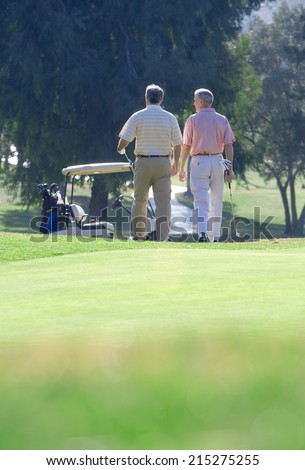 Two mature men leaving putting green on golf course, approaching parked golf buggy in mid-distance, rear view, focus on background