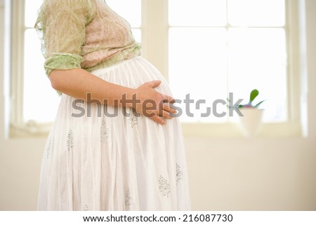 Pregnant woman with hands on stomach, mid section, side view