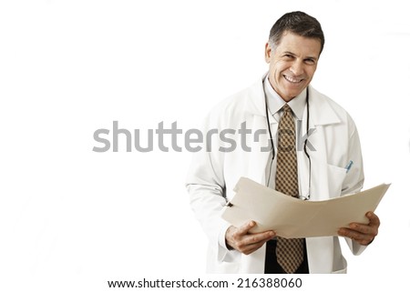 Male doctor holding file, smiling, portrait, cut out