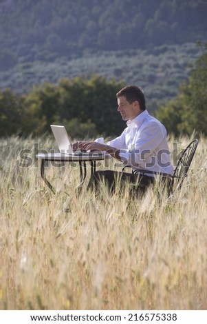 Businessman using laptop at table in rural field