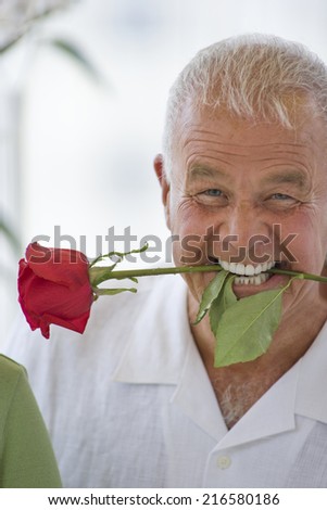 Grinning senior man with rose stem in mouth