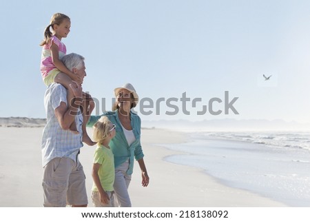 Grandparents and grandchildren walking on sunny beach