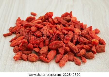 heap of dried goji berries on a wooden table