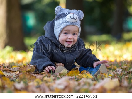 Happy baby sitting on the fallen leaves outdoors